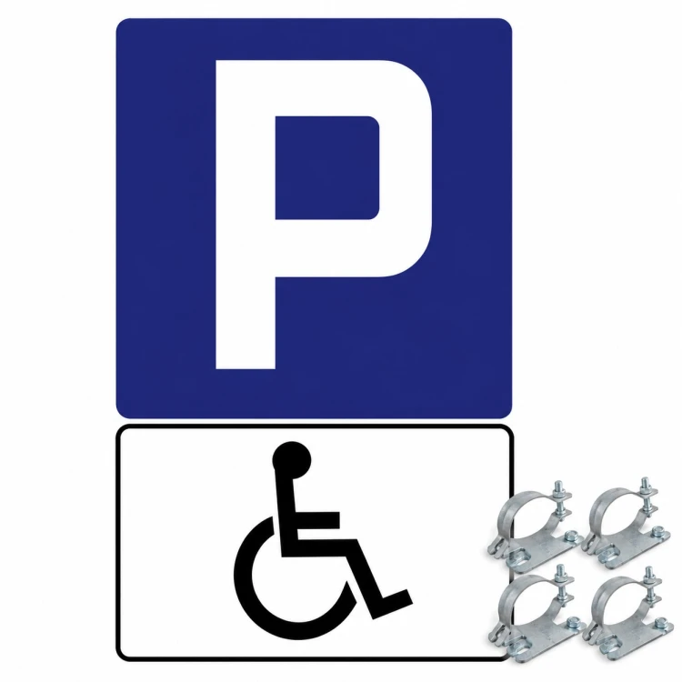 Zestaw znaków D-18 + T29 typ1 kompletna tablica parkingowa wskazująca miejsce postojowe dla osób z niepełnosprawnością.