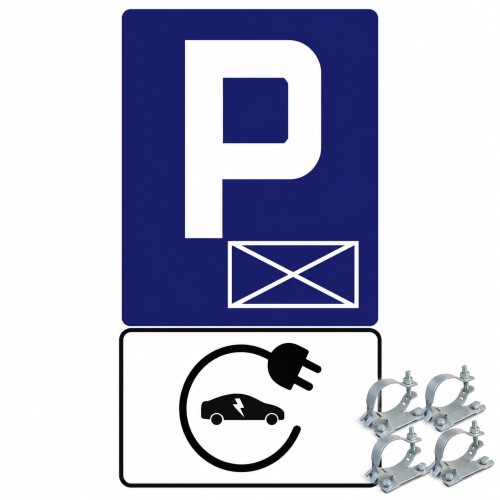 Zestaw znaków d-18a + tabl. ev grafika typ1 zestaw parkingowy z czytelnym piktogramem samochodu z wtyczką, ułatwiający identyfikację miejsc ładowania.